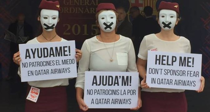 Qatar Airways protesters target FC Barcelona members meeting