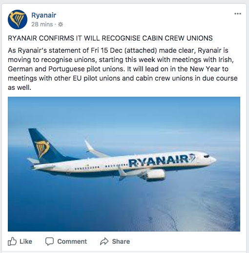 Ryanair confirms it will recognise cabin crew unions